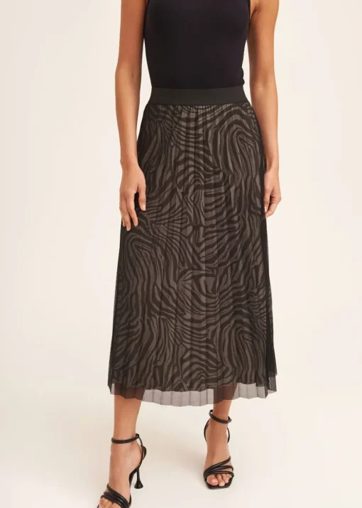 Gini London Black Animal Print Mesh Overlay Pleated Midi Skirt