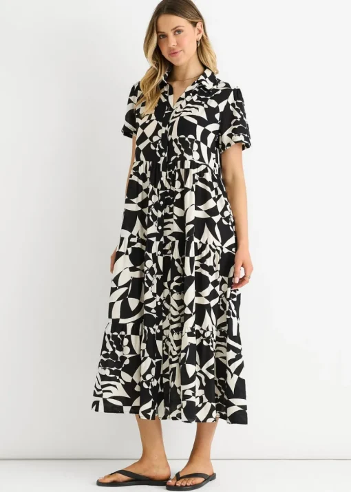 Gini London Black Aztec Print Oversized Smock Midi Dress