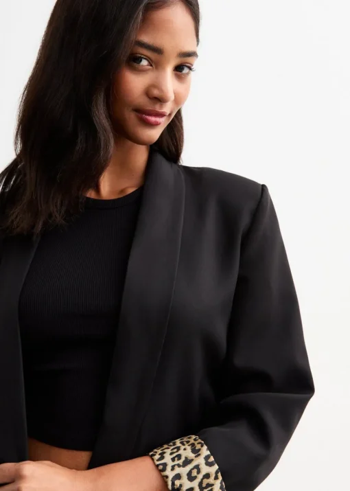 Gini London Black Contrast Animal Edge to Edge Blazer