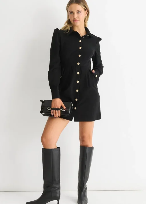Gini London Black Corduroy Mini Shirt Dress