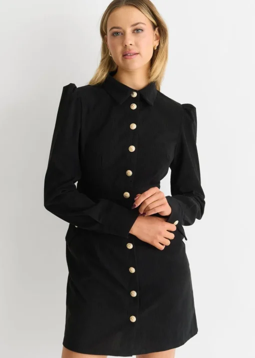 Gini London Black Corduroy Mini Shirt Dress