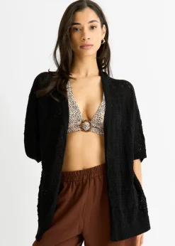 Gini London Black Crochet Knit Edge to Edge Cardigan