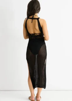 Gini London Black  Crochet Knit Bodycon Slit Dress