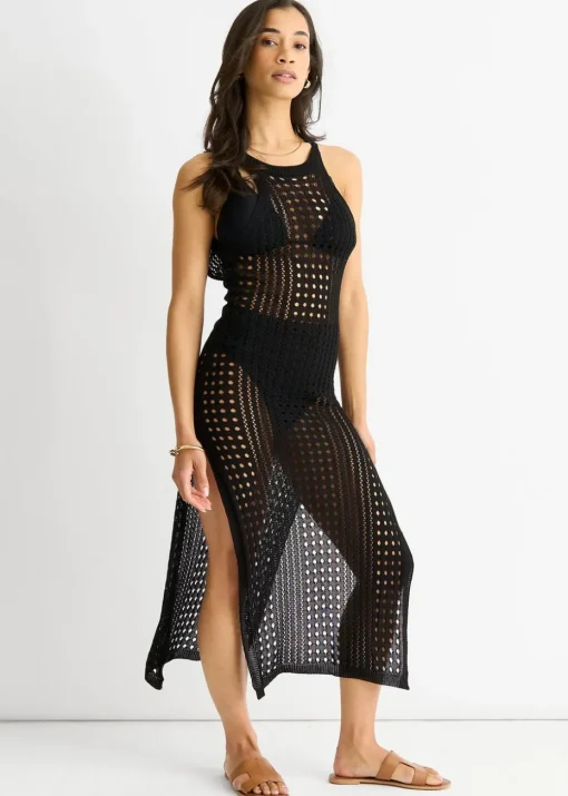 Gini London Black  Crochet Knit Bodycon Slit Dress
