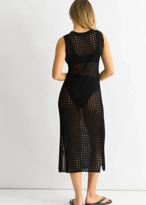 Gini London Black Crochet Knit Bodycon Midi Dress