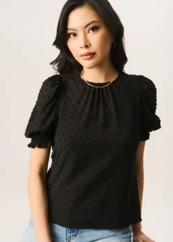 Gini London Black  Dobby Chiffon Shirred Cuff Blouse