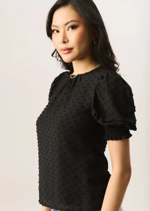 Gini London Black  Dobby Chiffon Shirred Cuff Blouse