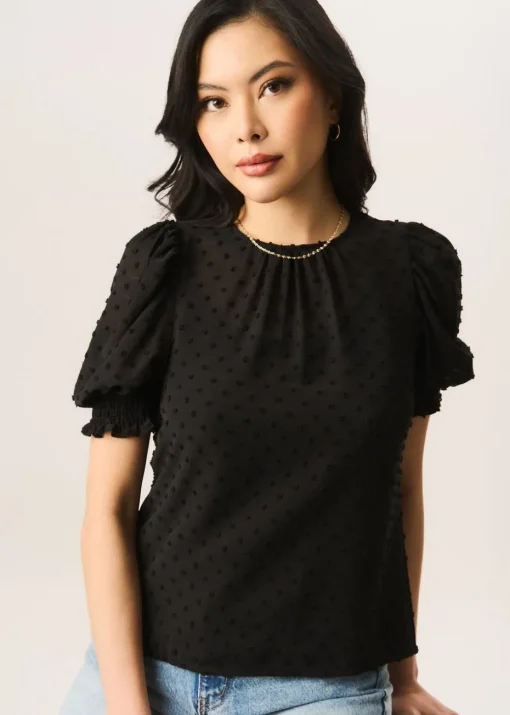 Gini London Black  Dobby Chiffon Shirred Cuff Blouse