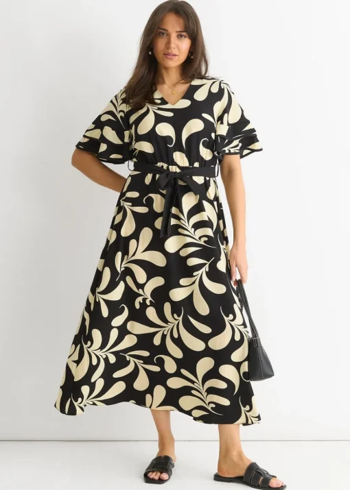 Gini London Black Floral V Neck Elasticated Waist Midi Dress
