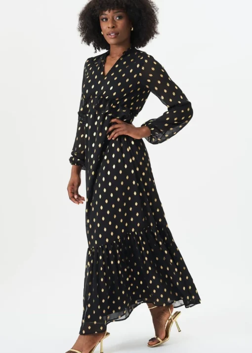 Gini London Black Foil Print Ruffle Midi Dress