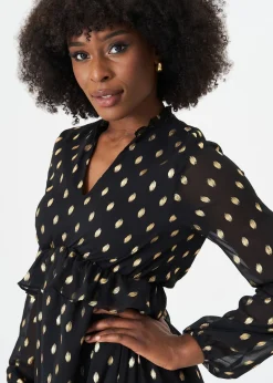 Gini London Black Foil Print Ruffle Midi Dress