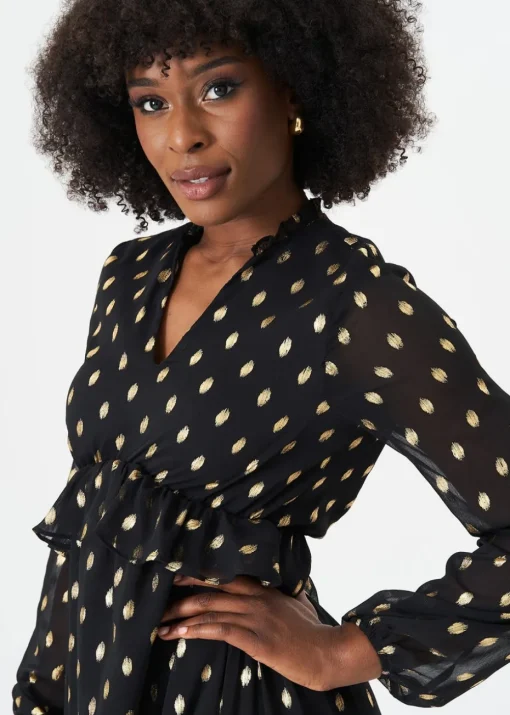 Gini London Black Foil Print Ruffle Midi Dress