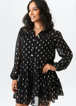 Gini London Black Foil Print Smock Shirt Dress