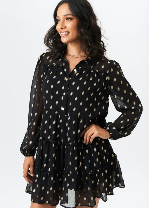 Gini London Black Foil Print Smock Shirt Dress