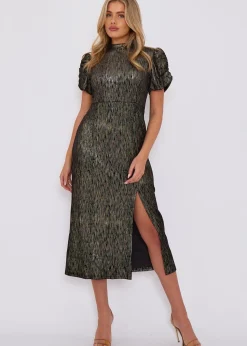 Gini London Black Foil Velour Midi Dress