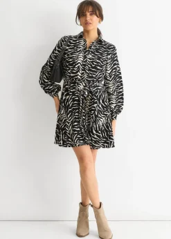 Gini London Black/ Gold Zebra Belted Shirt Dress
