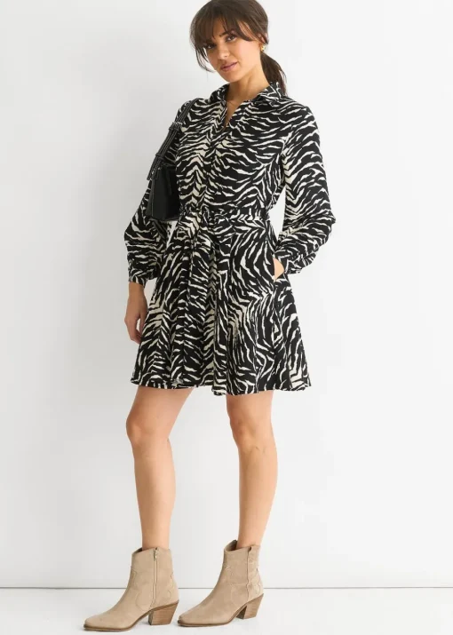 Gini London Black/ Gold Zebra Belted Shirt Dress
