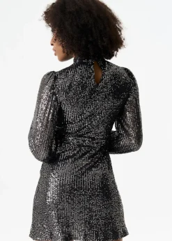 Gini London Black High Neck Long Sleeves Belted Sequin Dress