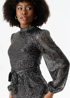 Gini London Black High Neck Long Sleeves Belted Sequin Dress