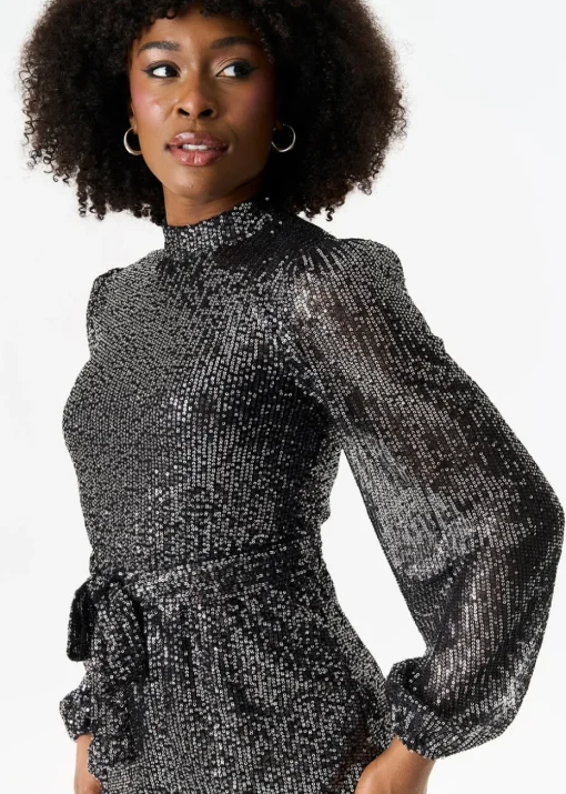Gini London Black High Neck Long Sleeves Belted Sequin Dress