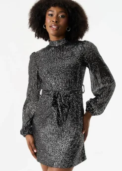 Gini London Black High Neck Long Sleeves Belted Sequin Dress