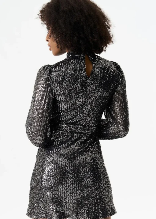 Gini London Black High Neck Long Sleeves Belted Sequin Dress