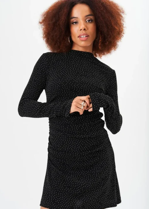 Gini London Black High Neck Stud Hot Fix Stretchy Mini Dress