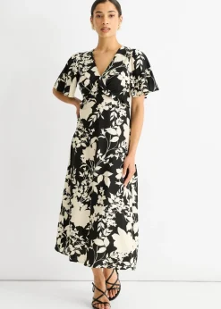 Gini London Black Mono Ruffle V Neck Viscose Midi Dress