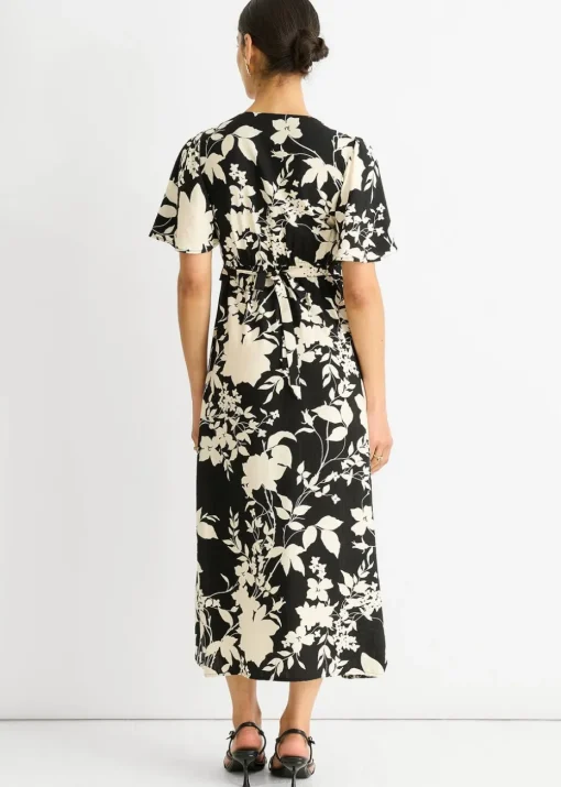 Gini London Black Mono Ruffle V Neck Viscose Midi Dress