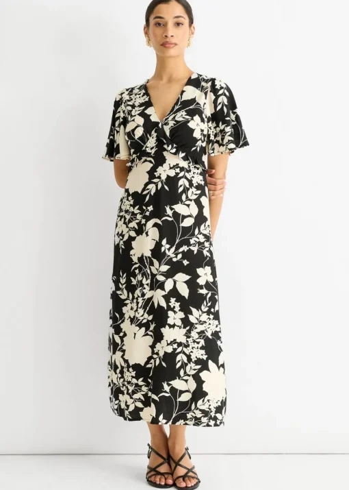 Gini London Black Mono Ruffle V Neck Viscose Midi Dress
