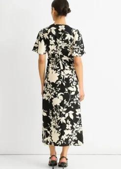 Gini London Black Mono Ruffle V Neck Viscose Midi Dress