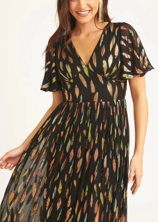 Gini London Black Multi Jacquard Angel Sleeves Maxi Dress