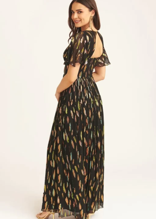 Gini London Black Multi Jacquard Angel Sleeves Maxi Dress