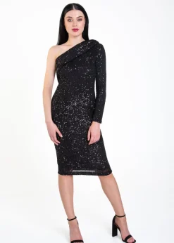 Gini London Black One Shoulder Draped Sequin Midi Dress