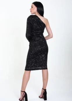 Gini London Black One Shoulder Draped Sequin Midi Dress