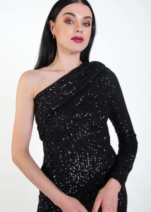 Gini London Black One Shoulder Draped Sequin Midi Dress