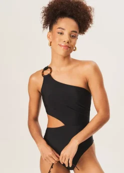 Gini London Black One Shoulder Ring Detail Cutout Swimsuit