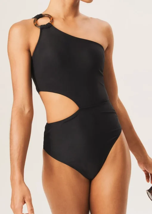 Gini London Black One Shoulder Ring Detail Cutout Swimsuit