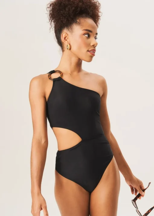 Gini London Black One Shoulder Ring Detail Cutout Swimsuit