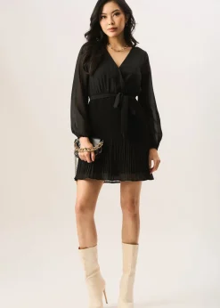 Gini London Black Pleated Longsleeve Wrap Mini Dress