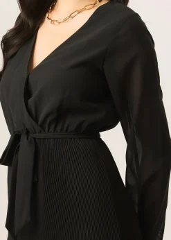 Gini London Black Pleated Longsleeve Wrap Mini Dress