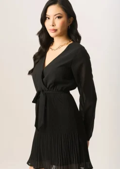 Gini London Black Pleated Longsleeve Wrap Mini Dress