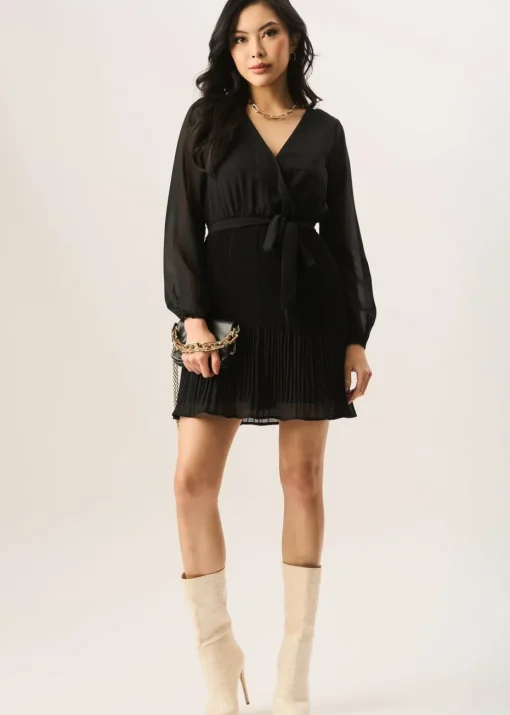 Gini London Black Pleated Longsleeve Wrap Mini Dress
