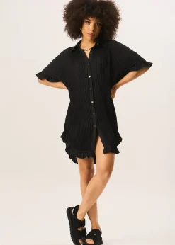 Gini London Black Plisse Frill Detail Oversized Shirt Dress