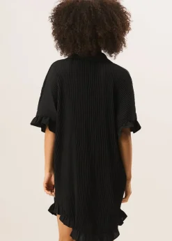 Gini London Black Plisse Frill Detail Oversized Shirt Dress
