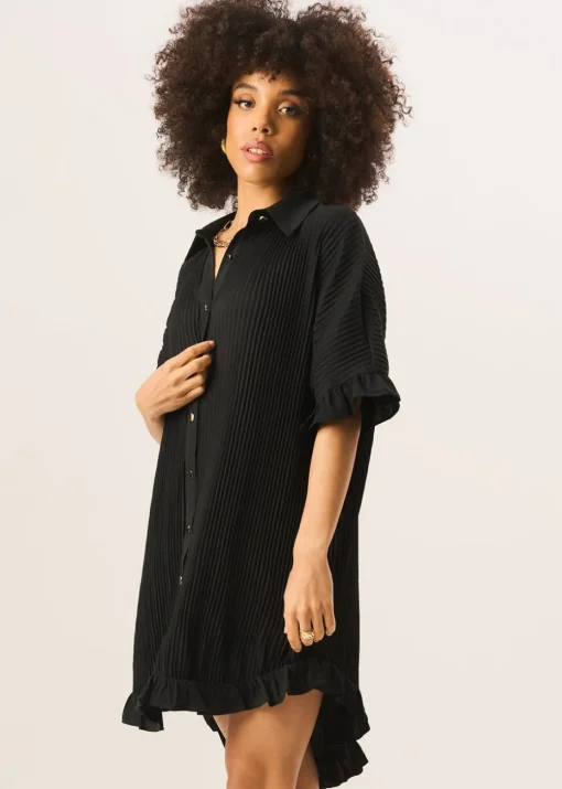 Gini London Black Plisse Frill Detail Oversized Shirt Dress
