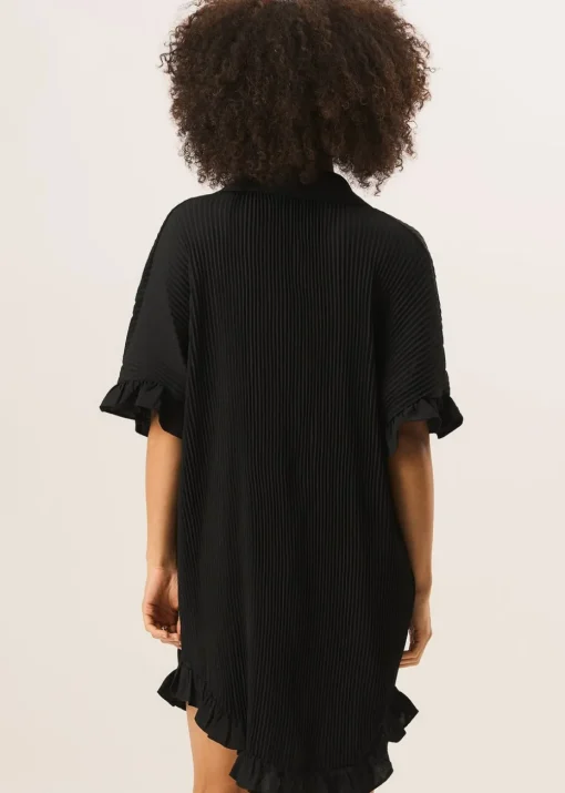 Gini London Black Plisse Frill Detail Oversized Shirt Dress