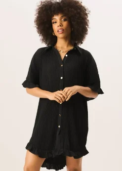 Gini London Black Plisse Frill Detail Oversized Shirt Dress