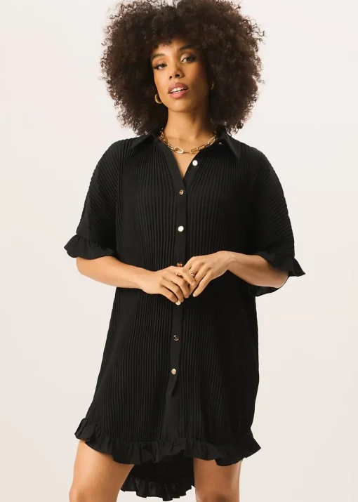 Gini London Black Plisse Frill Detail Oversized Shirt Dress