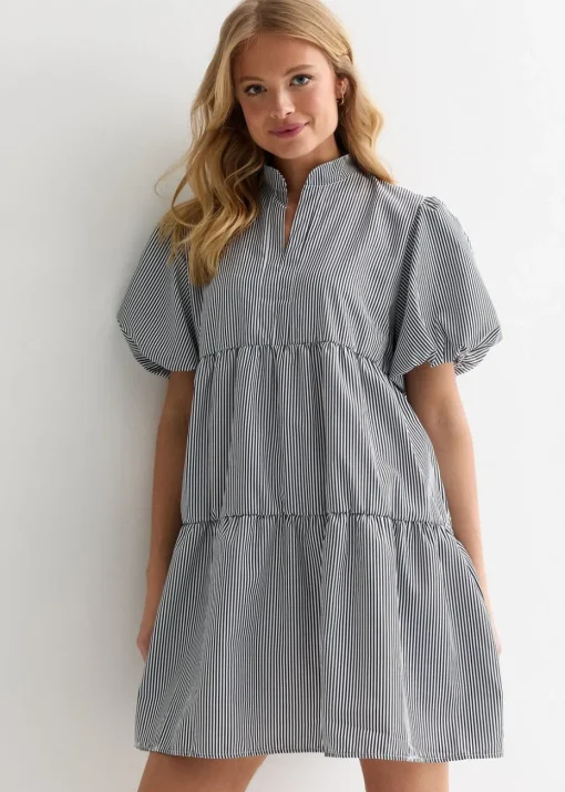 Gini London Black Puff Sleeve Stripe Tiered Dress